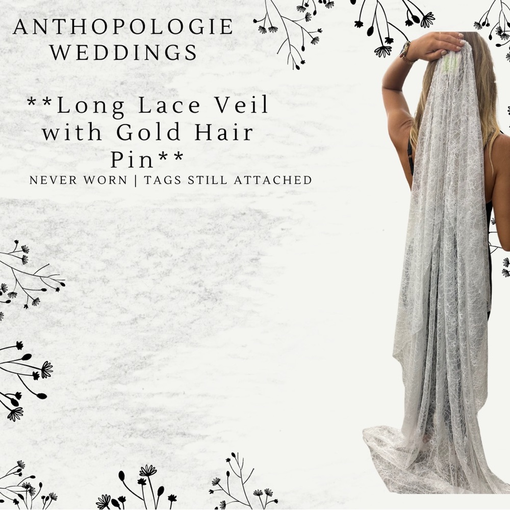 Anthropologie Long Lace Veil with Gold Hair Pin